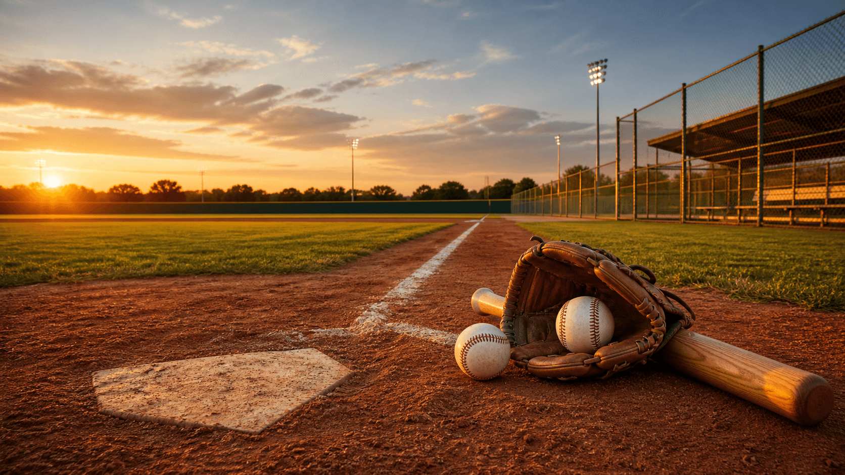 Baseball glove, bat, and baseballs beside home plate